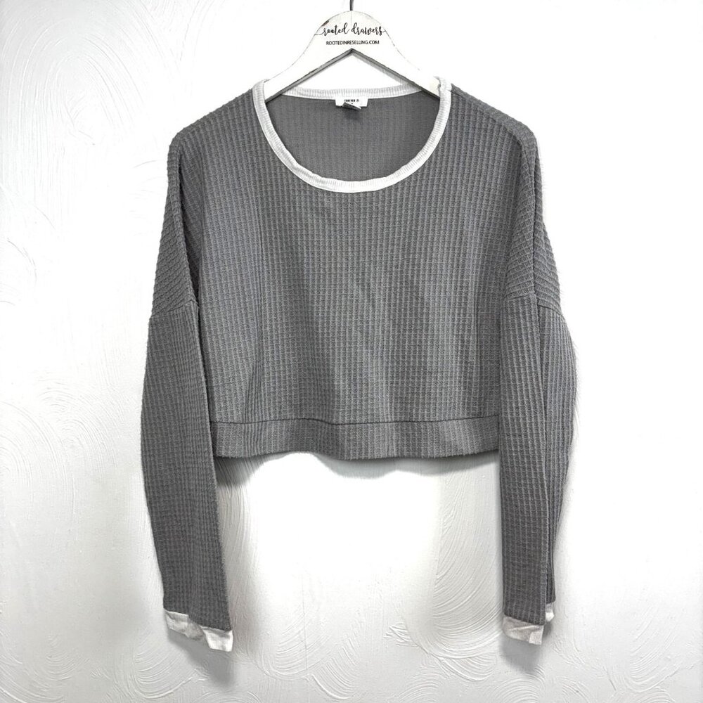 Forever 21 Thermal Crop Top Long Sleeve Gray Solid Casual Relaxed Womens Shirt L
